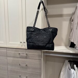 CHANEL Vintage Black Caviar Quilted Tote with Silver Chain Straps